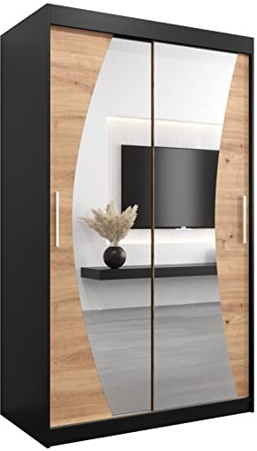 MEBLE KRYSPOL Wave 120 Schlafzimmerschrank mit Zwei Schiebetüren, Spiegel, Kleiderstange und Regalen – 120x200x62cm - Mattschwarz + Artisan