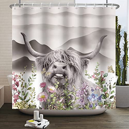 KAYAMU Duschvorhang 200x200 Graues Hochlandrind, Wasserdicht Anti Schimmel Duschvorhänge 3D Kuh-Druck, Shower Curtains Waschbar mit 12 Ringe, Duschrollo für Badewanne, Dusche Badezimmer