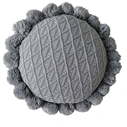 IXITON Rundes Kreatives Strickkissen Pompoms Kissen Sonnenblumenkissen Dekokissen Wurfkissen mit Einlage Plüschkissen für Couch Sofa Bett, 50cm (grau)