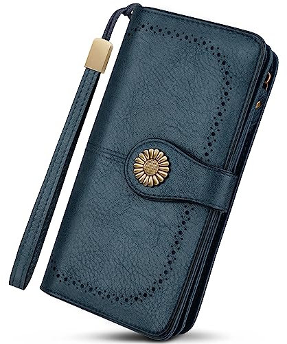 TEUEN Geldbörse für Damen, großes Fassungsvermögen, RFID-Blockierung mit Checkier, Ausweis, Kartenfächer, Organizer mit Reißverschluss für Münzen, Geschenk für Damen, Vintage Blau, 19.5 * 11 * 4.5cm,