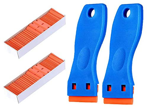 Pack of 2 Plastic Scrapers with 200 Plastic Blades, Plastic Scraper for Vinyl Sticker Remove Glass and Window, Adhesive Residue Remover, Adhesive Remover (Blue)