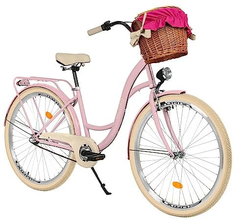Balticuz OU Milord Komfort Fahrrad mit Weidenkorb, Hollandrad, Damenfahrrad, Citybike, Vintage, 28 Zoll, Rosa-Creme, 3-Gang