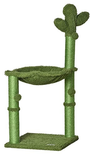 PawHut - Árbol de gato rascador con forma de cactus de sisal natural, hamaca con pompón colgante, 40 x 40 x 96 cm, color verde