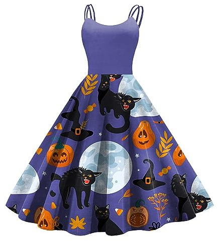 Vestidos elegantes para mujer, estampado de Halloween, sin mangas, de los años 50, ama de casa, fiesta de noche, vestido de baile, vestidos elegantes, Lila-b, XL