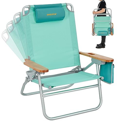 #WEJOY Faltbarer Strandkorb für Erwachsene, 4 Positionen, Aluminium-Strandkorb mit Kopfstütze, Armlehnen aus Holz, Getränkehalter für Outdoor, Camping, Rasen, Picknick, Grill, Unterstützung, 136 kg