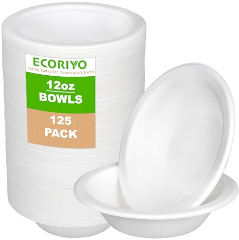 ECORIYO Sugarcane Disposable Bowls 12 Oz - 125-Pack of 350ml Biodegradable Paper Bowls, Compostable & Disposable Soup Bowls from Sugarcane – Bulk Pack of Heavy Duty Party Bowls