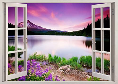 Durchbruch Wandtattoos Natur Blumen See Berge 3D Effekt Fenster Wandbild Aufkleber Wandbild Art.-Nr 80x120cm