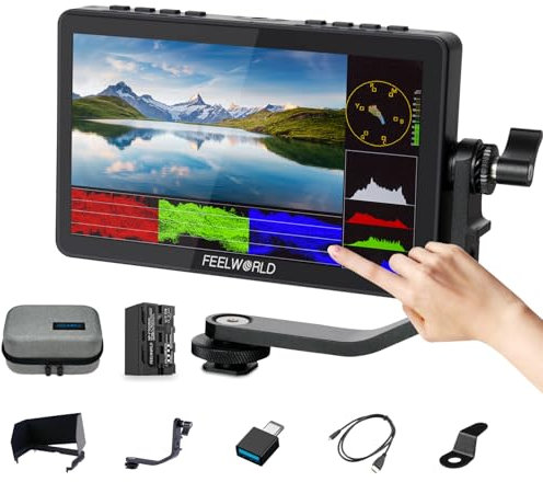 FEELWORLD F5PROV4 Monitor da campo per fotocamera DSLR 4k 6 pollici touch screen con batteria F750 4400 mAh e borsa di trasporto Forma d'onda LUT Uscita ingresso HDMI