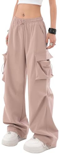 Xinor Pantalon cargo Y2k pour femme - Taille haute - Pantalon baggy parachute avec poches - Pantalon large - Pantalon streetwear - Pantalon de loisirs, Rose, M