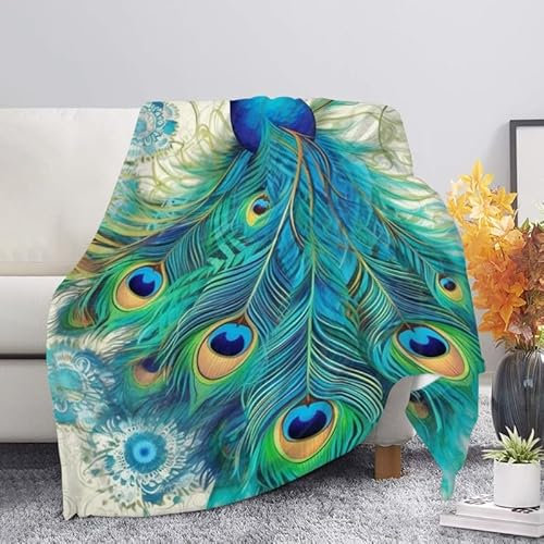 Kuiaobaty Vivid Peacock Sofa Decke Bettwäsche für Mädchen, Boho Ethno Vogel Warm Coral Fleece Überwurf Decke Tagesdecke