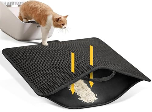 Conlun Katzenstreu Matte mit Griffen,Doppelschichtiges Honigwaben-Design Katzenmatte zur Streukontrolle,Katzenklo Matte mit Rutschfester Rückseite,Einfach zu Reinigen (Schwarz,76x54,5cm)
