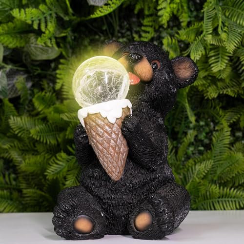 Umikk Gartendeko für Draußen Solar Eiscreme-Schwarzbär Geburtstagsgeschenk für Frauen, Mit Licht und 900-mAh-Akku, Kreativität Harz Kunsthandwerk Gartenfiguren, Wasserabweisende Gartenstatue Geschenke