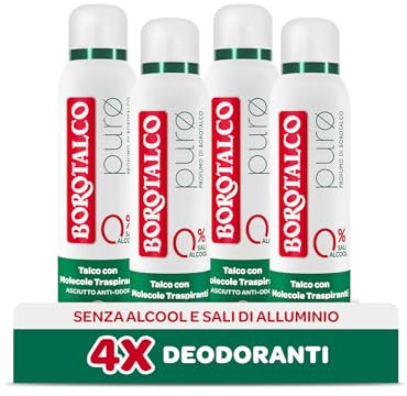 Borotalco, Deodorant-Spray, Puder mit atmungsaktiven Molekülen, trocken gegen Gerüche, 48h Wirksamkeit, ohne Alkohol und Aluminiumsalze, Duft von Borotalco – 4 Stück à 150 ml – Exklusiv von Amazon