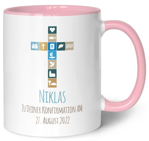 GRAVURZEILE Taza impresa – Para confirmación V2 – Personalizado con nombre y fecha – Regalo para comunión Confirmación – Regalo para niños y niñas – Color: Rosa