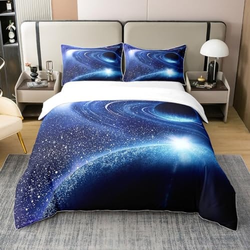 Homemissing Bettwäsche mit Galaxie-Druck, Blau, 3D-Universum, Planet, Bettbezug, 220 x 240 cm, 100 % Baumwolle, Weltraum, Sternenhimmel, Kinderbettwäsche im Set mit 2 Kissenbezügen