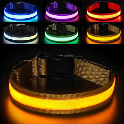 HEELE Hundehalsband Leuchtend, Leuchtend Halsband, Leuchthalsband Type-C Wiederaufladbar, Leuchthalsband Hund Wasserdicht, LED Halsband für Hunde, Hundehalsband mit 3 Beleuchtungsmodi, Braun, M