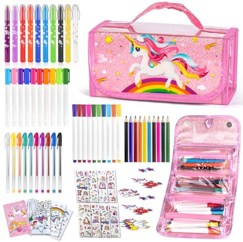 Auney Estuche Escolar Set Papeleria Regalo para Niña 4 5 6 7 8 9 10 Años,Kit di Juguetes Unicornios para Niñas Includere Estuches Escolares-Bolígrafos de Colores-Lápices-Cuadernos-Adhesivas