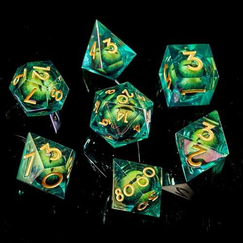 FugaCity DND-Würfel-Set, flüssiger Kern, handgefertigt, scharfe Kanten, 7-teiliges Kunstharz-Würfel-Set, polyedrisches Würfel-Set, D&D-Würfel-Set mit Geschenkwürfeletui für RPG, MTG Tischspiele