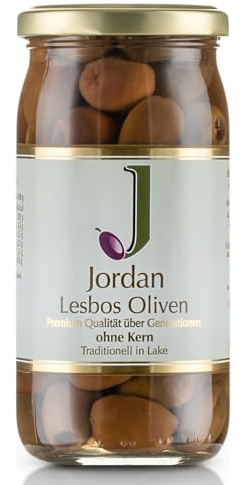 Jordan Olivenöl, Griechische Lesbos Oliven ohne Stein, 1 Glas 375 g | Sorten Adramitiani & Kolovi von der Insel Lesbos, ohne Zusatzstoffe, traditionell handgeerntet, Abtropfgewicht 185 g