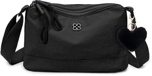 HENGBIRD Umhängetasche Damen mit Herz Plüsch Charme, Wasserdicht Nylon Tasche Damen Umhängetasche Mittelgroß, Verstellbarer Schultergurt Crossbody Bag, Got Bag mit Vielen Fächern, Schwarz