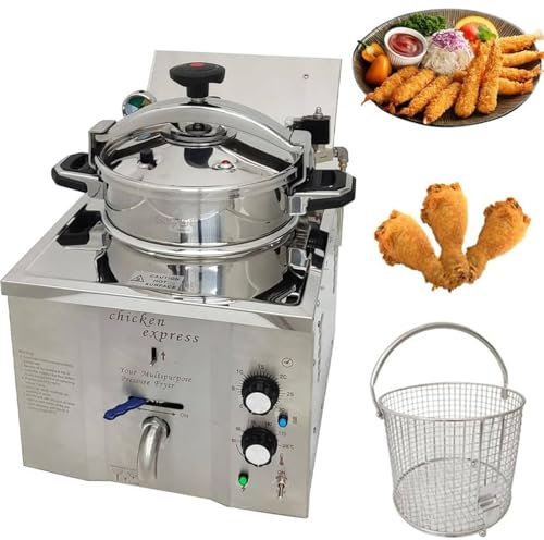 DPQYJPP 16L Electric Countertop Pressure Fryer, 3000W Stainless Commercial Electric Fryer, Chip Fryer Temperature Control 50-200°C, 30 Minutes Timer, Large Oil Tank, for Restaurant Snack Shops