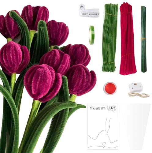 YANGUN Pfeifenreiniger Blumen, Pfeifenputzer zum Basteln, Pfeifenputzer Blumenstrauß zum Bastel, Pipe Cleaner mit Klebeband, Blumenpapier und Geschenkband für DIY Tulpe Blumenstrauß Handwerksprojekte