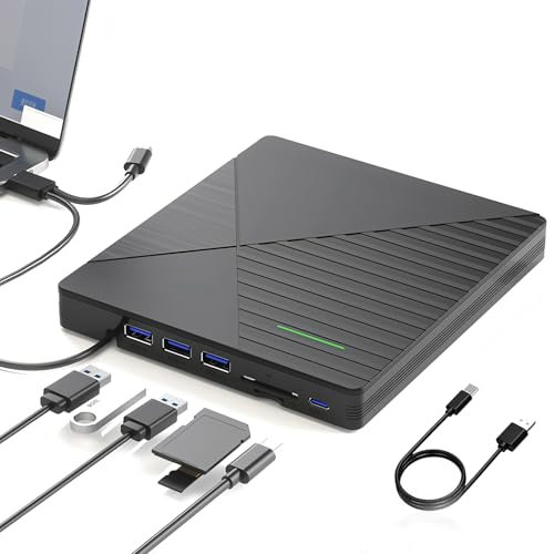 External CD DVD Drive with 3 USB Ports and 2 TF/SD Card Slots,USB 3.0 Portable CD/DVD Optical Disk Drive Player Burner Reader Writer for MacBook Pro Air iMac Laptop PC Windows 11/10/8/7 Linux Mac OS