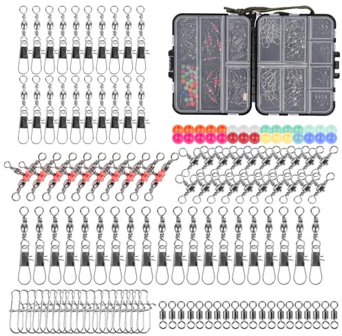 SF 140PCS Fishing Swivel Snaps Kit Barrel Swivel with Safety Snaps 3 Way/Crossline Barrel Swivels Rolling Swivels Fishing Snaps Luminous Beads 7-in-1 Fishing Accessories Set for Saltwater Freshwater