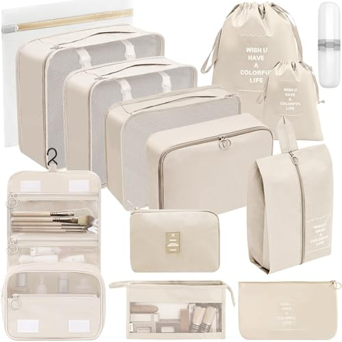 Chijoo Koffer Organizer Set (Beige, 13 teiliges) – Packing Cubes Set, Packwürfel, Reise Gadget