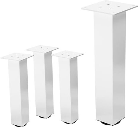 ML-Design Lot de 4 Pieds de Table I-Design 42 cm, Blanc Brillant, en Acier Laqué Epoxy, Carré, Profil 8x8 cm, Pieds de Meuble Réglables en Hauteur 1-4 cm, Pieds de Support pour Tables Basses, Bancs