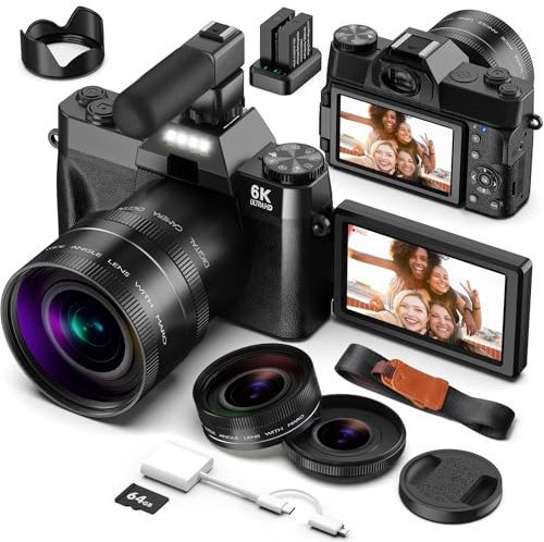 6K 64MP Digital Cameras for Photography and Vlogging with WiFi, 64GB SD Card, 16X Digital Zoom Portable Compact Photo Camera with Microphone, Macro & Wide-Angle Lens for YouTube, Travel, Beginners