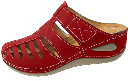 Orthopaedic Mules Women's Closed Sandals Women's Leather Summer Platform Slippers Casual Roman Sandals Arch Support House Slides Slip On Summer Shoes Platform Trekking Sandals, red, 8.5 UK