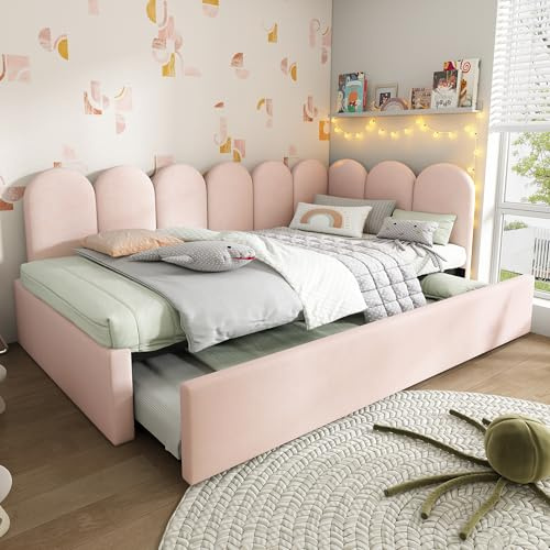 Merax Upholstered Daybed with Pull-Out Bed, 3FT Single Sofa Bed 90x190cm, Velvet Guest Bed for Adults & Children, Metal Slatted Frame, Pink (No Mattress)