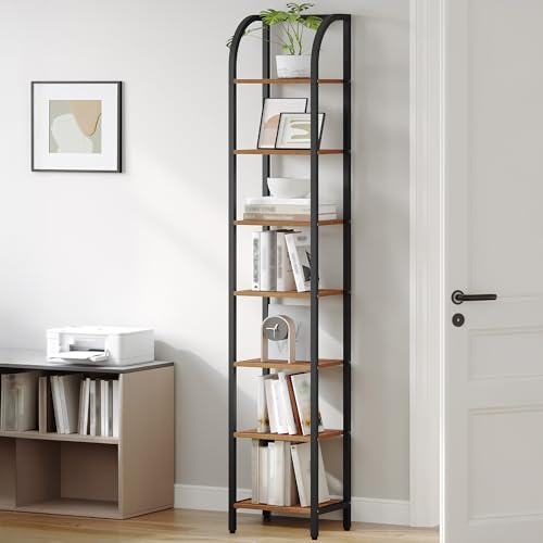 Hzuaneri Schmales Bücherregal 7E, 30 x 33,6 x 208,5 cm, Braun-Schwarz | Metallrahmen, Vintage, Standregal, DVD-Regal, Industriestil, Büroregal, für Wohnzimmer Schlafzimmer Küche, BC57001B