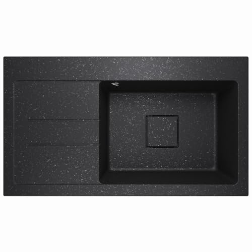 Lavello Fregadero de granito grafito – Fregadero profundo empotrable 88 x 50 cm – Fregadero de cocina 1 lavabo con escurridor – Resistente a arañazos y reversible – con desagüe oculto – Incluye