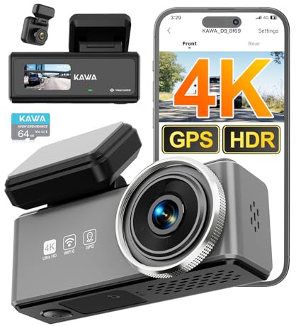 KAWA 4K Dashcam Front & Heck, Sprachsteuerung, GPS & Wi Fi 6 Dual Dashcam | 2K HDR, CPL, 64GB TF-Karte, 1,47 IPS, G-Sensor, Nachtsicht, Loop, 24h Parkmodus, 2-Kanal-Dashcam