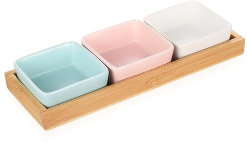 YITYDaMai 3 Pcs Ceramic Chip and Dip Bowls, Wooden Serving Platter | Divided Snack Tray Set for Appetizer Party Wedding, Ceramic Serving Bowls and Wooden Tray