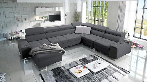 IM SOFA XXL Eckcouch U-Form Wohnlandschaft mit Bettfunktion Ecksofa MOREN VIII (Grau SAWANA, Links)