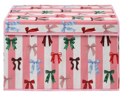 OHS Collapsible Storage Box Bow Stripe Fabric Box with Lid Large Pink/White | Wardrobe Storage Boxes Closet Toys Organiser Bin with Handles Book Box Foldable Storage Basket for Clothes Book Shelf Office