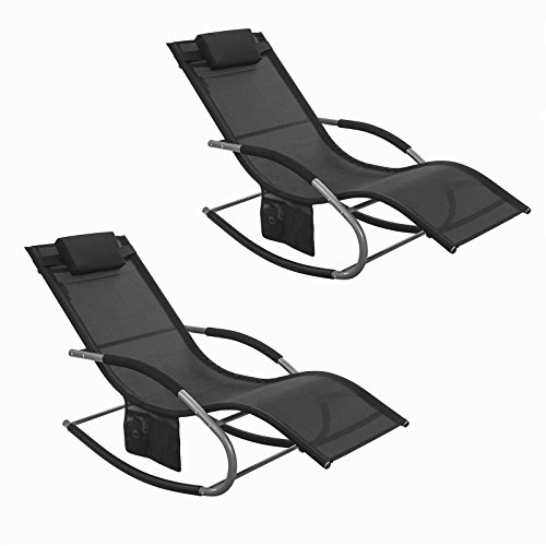 SoBuy 2 x Gungstol för trädgården Solsängar Loungestolar Svart OGS28-SCHX2 | Uppsättning av 2 solstolar med sidoficka, stabil metallram, utomhus solstol ventilerande överdrag, svart OGS28-SCHx2