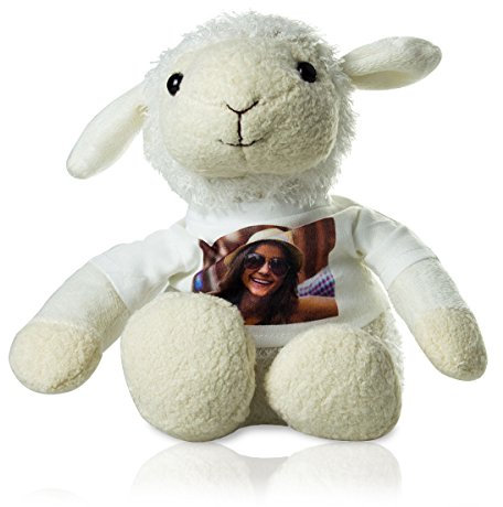 Stofftier Schaf mit persönlichem Foto - Kuscheltier mit eigenem Bild auf einem weißen T-Shirt Bedruckt - weiß, 20 cm