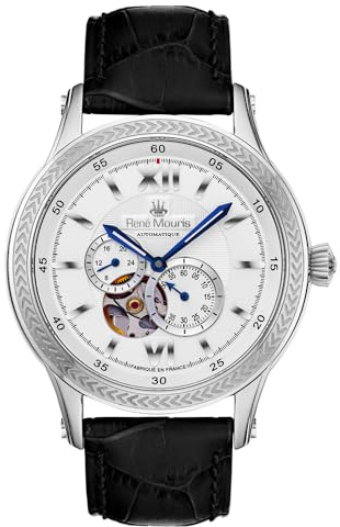 René Mouris Corona 44MM Japanische Automatikuhren für Herren – Semi-Skelett-Zifferblatt, saphirbeschichtetes Mineralglas, 100M Wasserdicht – Armbanduhr aus 316L Edelstahl mit Lederarmband
