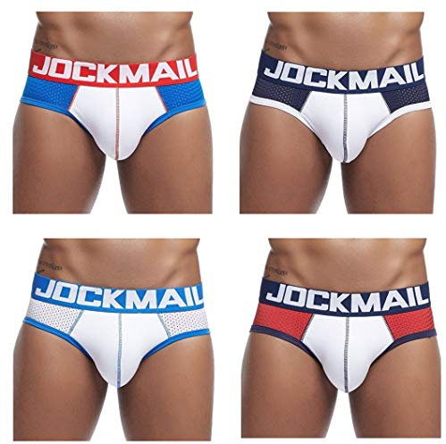 JOCKMAIL 4PCS/PACK Brand Men Briefs Mens Underwear Pack Men Sexy Underwear Briefs Male Lace Underwearpants (L, Blue+Dark Blue+White+Red)