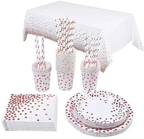 TOPWAYS Platos Desechables Cumpleaños Vajilla Set, Oro Rosa Dot Desechables Elegantes Platos Fiesta Tazas Mantel para Decoración Cumpleaños Niño Hombre Mujer, Bodas Aniversarios BBQ (16 Invitados)