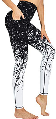 COOLOMG Damen Yoga Leggings Hohe Taille Fitnesshose Laufhose Leggins mit Taschen Zweig_Schwarz M