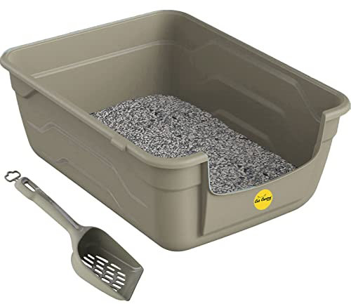 CAT CENTRE Grey Large Cat Kitten Litter Tray Box + Waste Scoop Set High Sided Deep Toilet Loo Adult Cats Kitten Pan Pet Loo Easy Cleaning Lowered Entry Step 11.5cm Easy Access Elderly Cat Trays