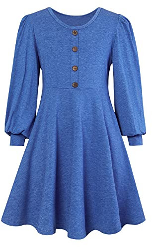 Kids' Winter Dresses - Long Sleeve Blue Dress, Girls' Size 13 - Casual Twirly Skater Dress - Solid Color Cotton Long Sleeve T-Shirt Dress