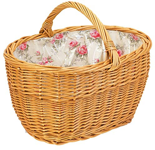 Einkaufskorb mit Stoffbezug Weidenkorb Autokorb Weide Korbwaren Korb Rosenmotiv ((L) 49 x (B) 35 x (H) 24/35) mit fest angebrachter Einlage und Schutzfolie