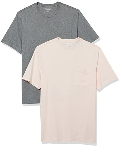 Amazon Essentials T-shirt coupe droite à encolure ronde et manches courtes, avec poche Homme, Lot de 2, Gris Chiné/Rose Pâle, XS