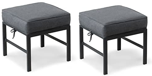 Auzfy 2-teiliges Outdoor-Ottomanen für Terrasse, montierter Aluminium-Fußhocker mit grauen Kissen, kleine Sitzmöbel für Veranda, Hof, Garten, Deck, grauer Rahmen